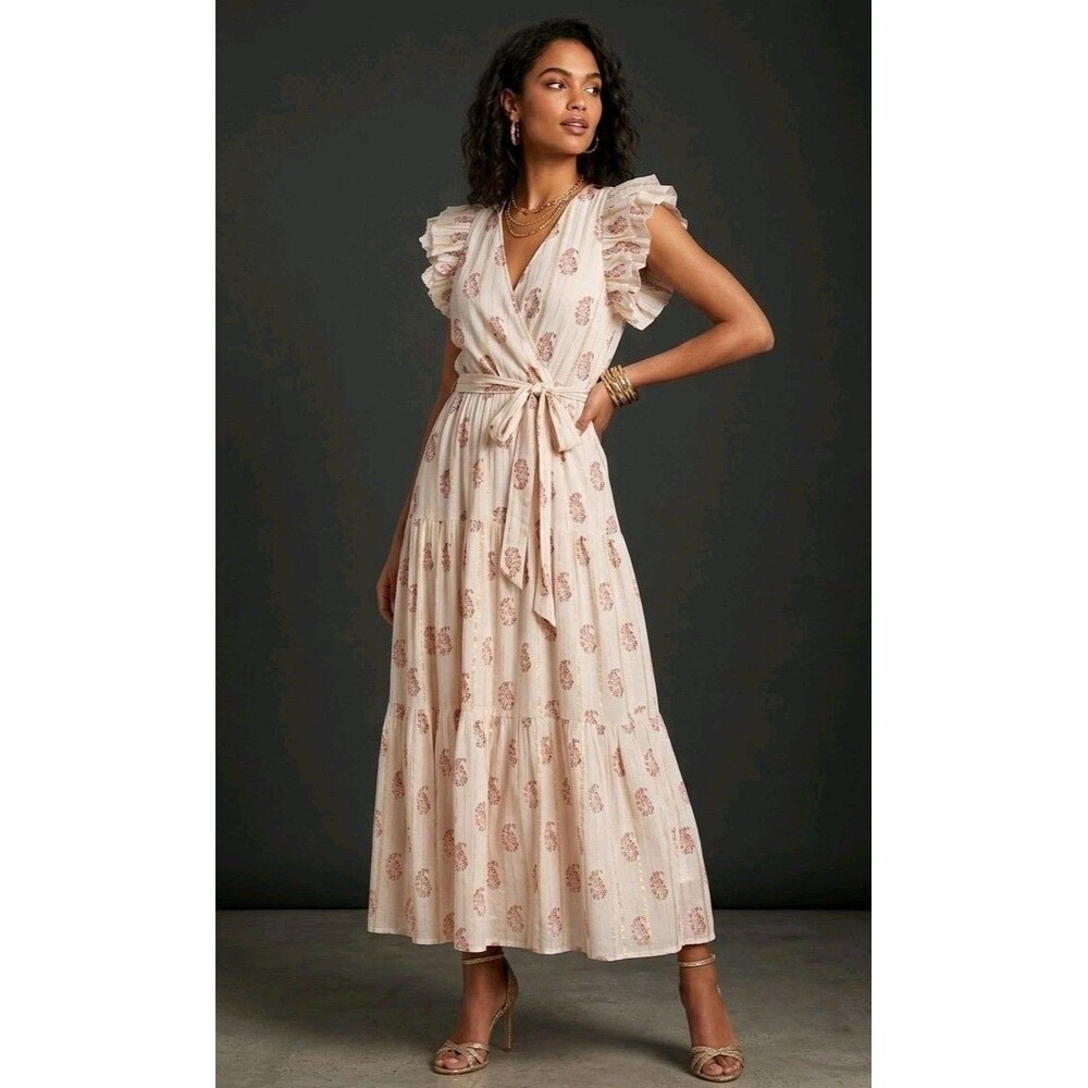 A Loves A Women's S White Floral Paisley Maxi Dress Ruffle Cap Sleeve Belted